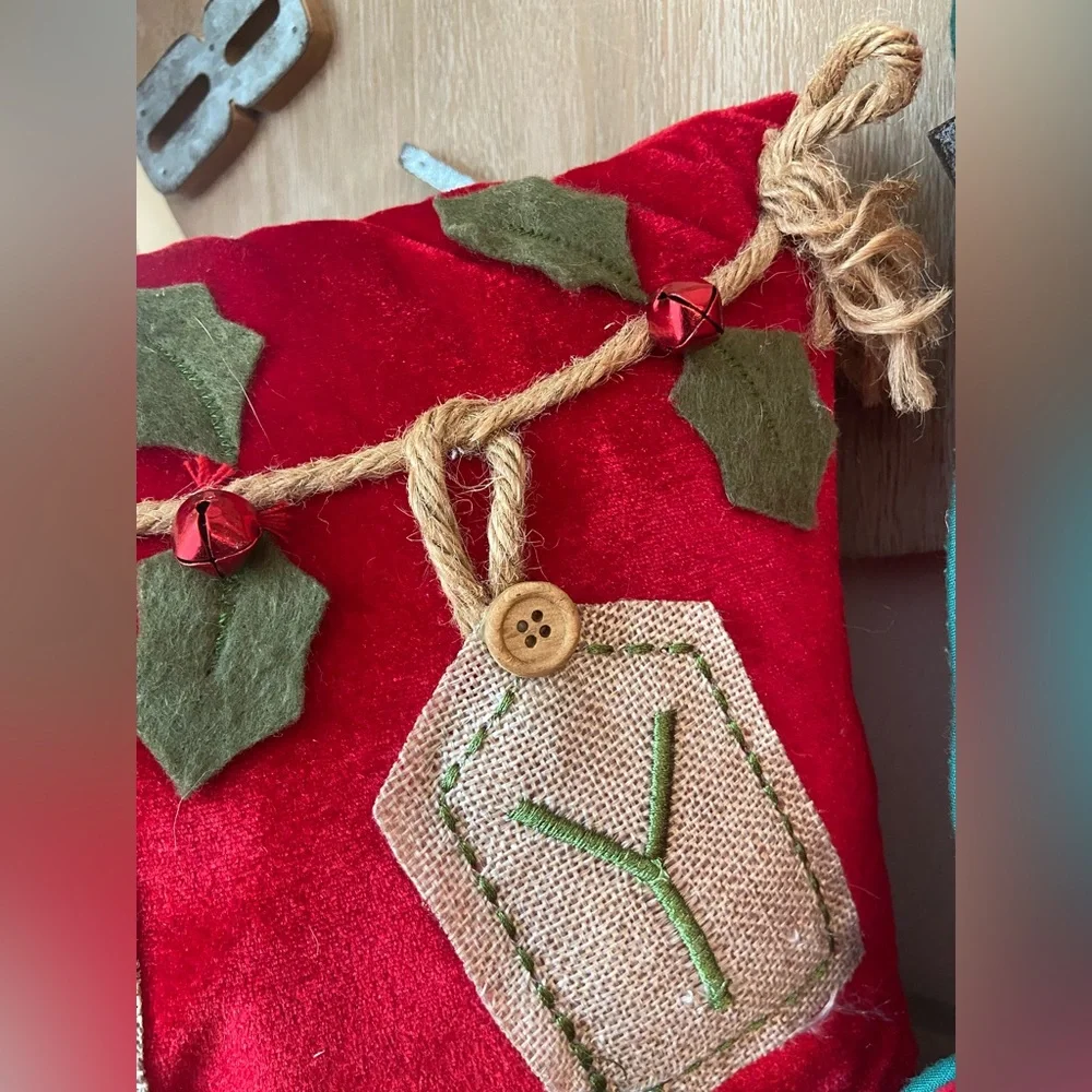 Vintage MCM Merry Joy Christmas Velvet Pillow Holiday Primitive Country Rustic